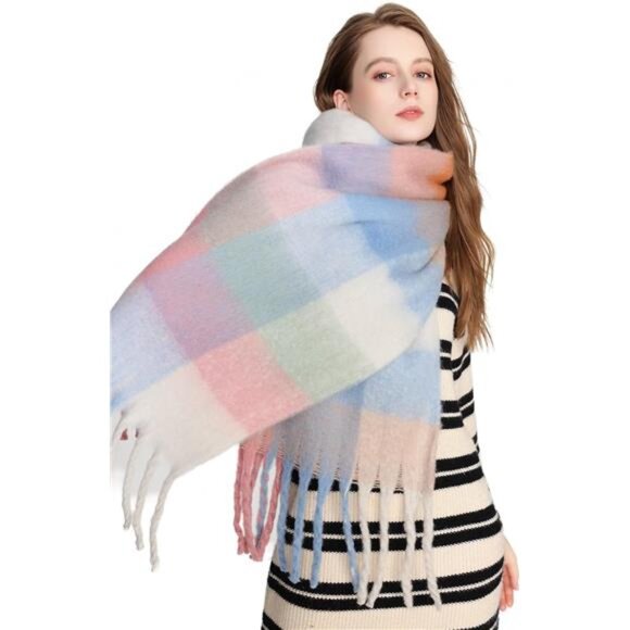 Women's Cashmere Big Coloured Checked Scarf Winter Warm Wrap Scarf - Picture 3 of 7